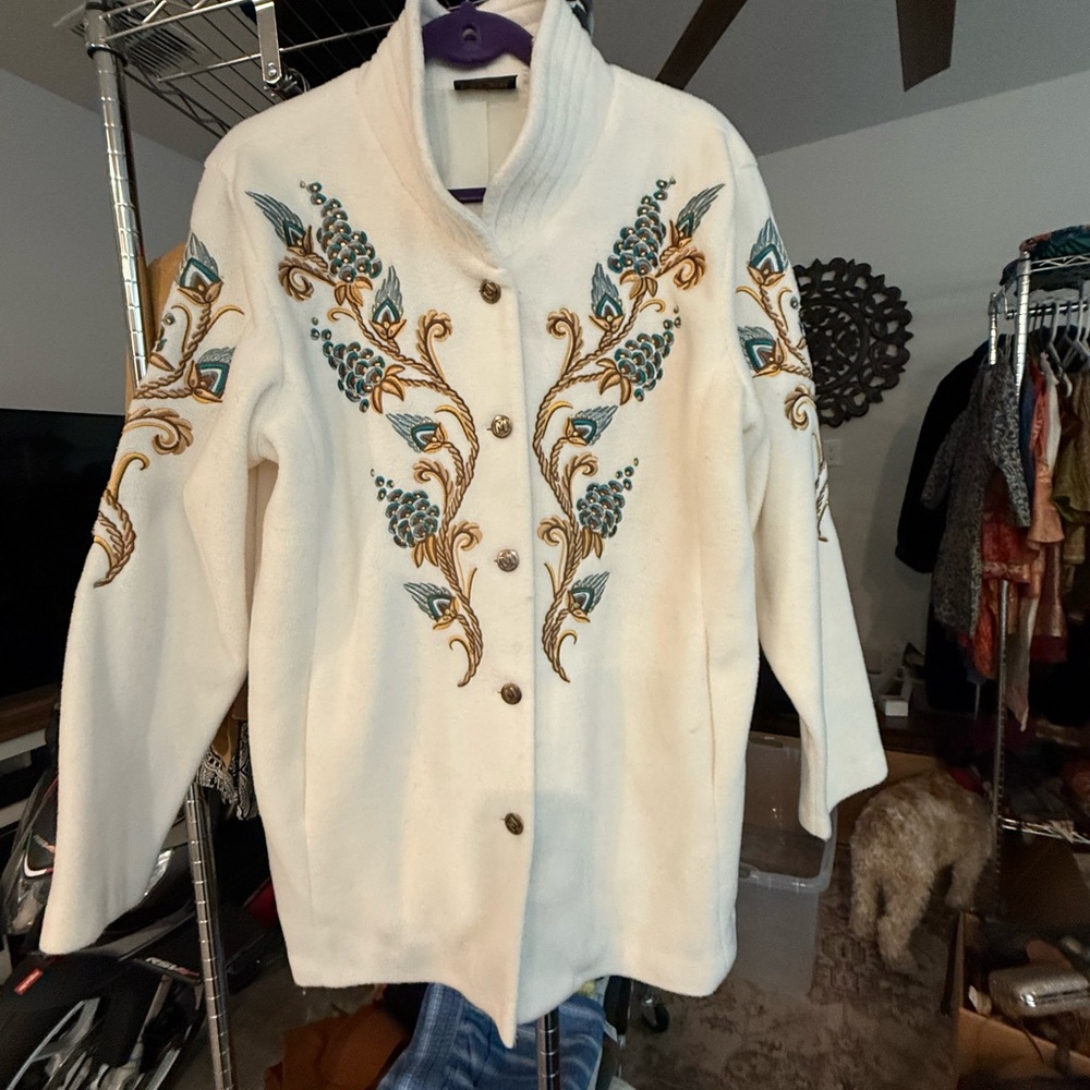 Bob Mackie White Cardigan with Blue and Gold Embroidery